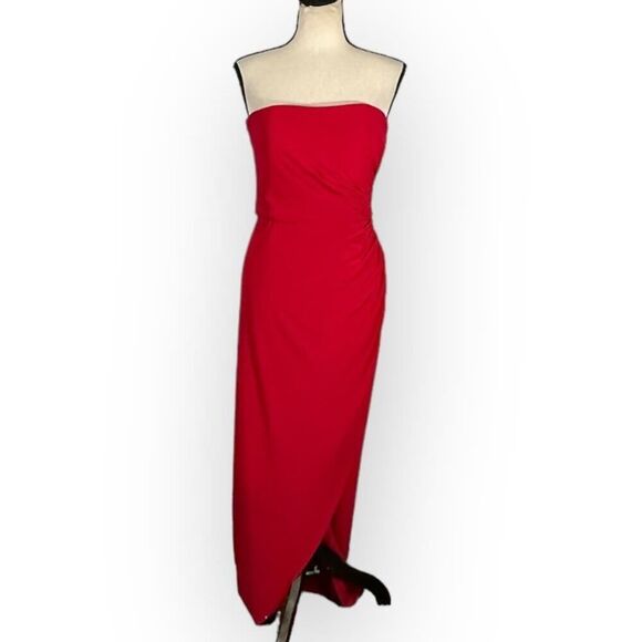 La Femme 28204 Strapless Jersey Sheath Dress Women's 10 Red Maxi Slit NWOT - Picture 3 of 9